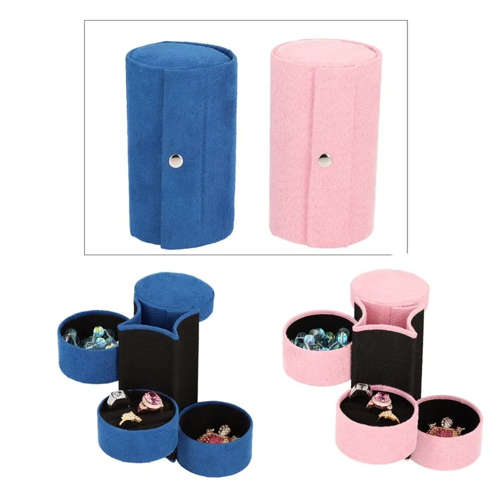 Blue or Pink Velvet Cylinder Shape 3 Layer Jewelry Organizer - NEW